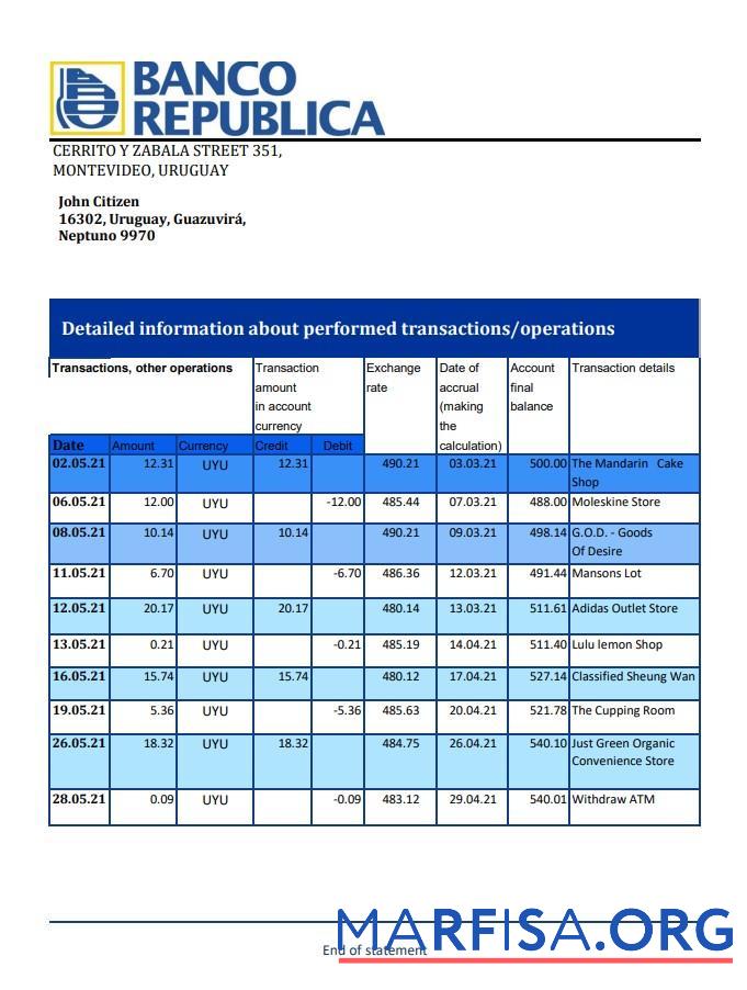Printable Uruguay Banco de la República Oriental del Uruguay bank statement excel template